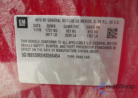 2017 Chevrolet Cruze Lt Auto из США, поврежденный, VIN 3G1BE6SM3HS566454